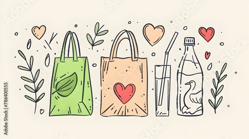 Reusable Bag,Bottle,and Straw with Hearts Promoting Sustainable Lifestyle and Environmental Conservation