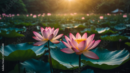 Beautiful pink lotus flower close up in pond at red lotus lake, Udonthani 
