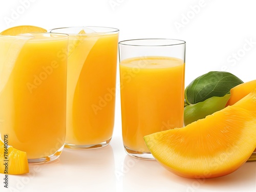 Mango juice and slices separated on a clear cutout background