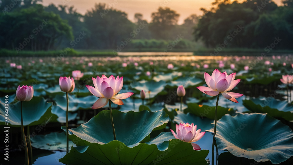 Beautiful pink lotus flower close up in pond at red lotus lake, Udonthani
