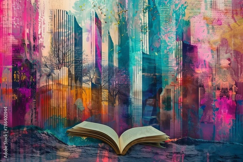 surreal storytelling montage with floating book pages and vivid colors digital art