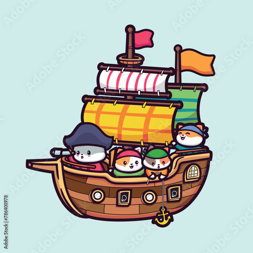 Vector illustration of Cute Cartoon Pirate Ship Cat