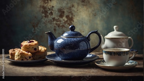 Teapot with teacups, plate of scones and jam jar on textured grunge background.