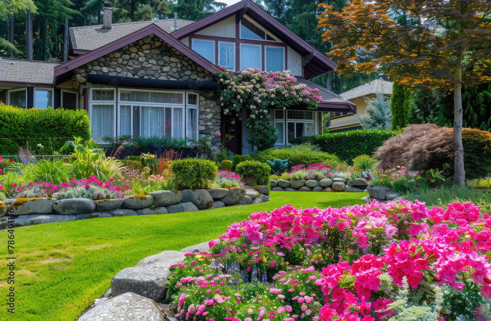 A house with an attractive front yard, featuring colorful flowers and neatly arranged rocks for landscaping