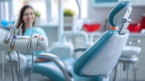Stylish and Welcoming Dental Care Office with Professional Dental Tools and Smiling Patient