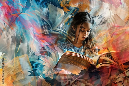 surreal storytelling montage with floating book pages and vivid colors digital art