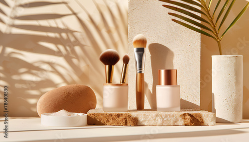 Decorative cosmetics with brushes and podiums on beige background