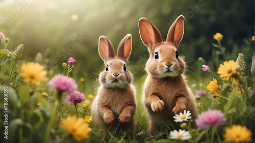 Two adorable rabbits playfully hopping through a field of wildflowers © Kashif arts