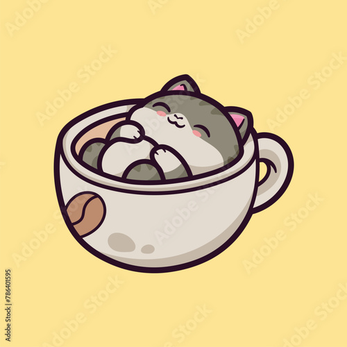 Vector Cute Cartoon Illustration of Cat and Cup