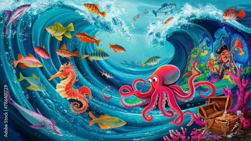 Illustration of deep sea creatures under the waves in the sea