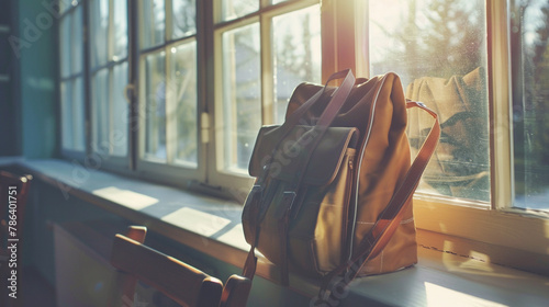 A school bag resting against a window sill in a sunlit classroom, ready for learning.