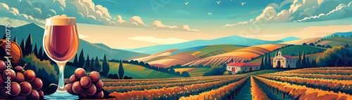 A beautiful illustration of a glass of red wine with a backdrop of a sunlit vineyard, rolling hills, and a quaint estate.