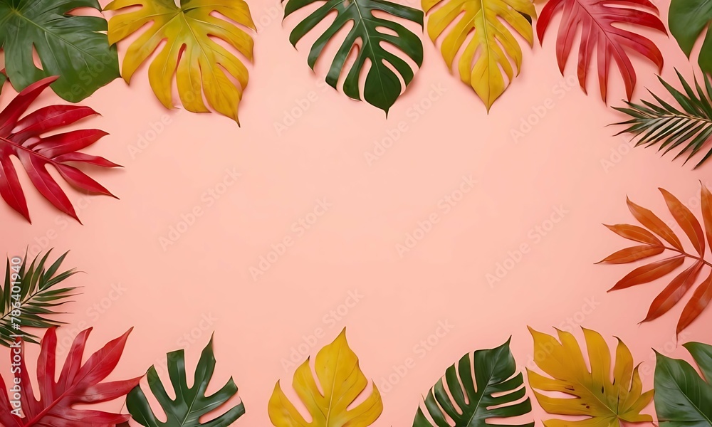 Colorful tropical leaves on blank background. Creative layout, top view, blank space, Minimal summer concept. Colorful tropical leaves on blank background. Creative layout, top view, blank space, Minimal summer concept.