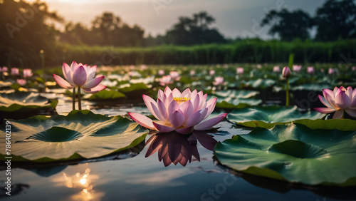 Beautiful pink lotus flower close up in pond at red lotus lake  Udonthani 