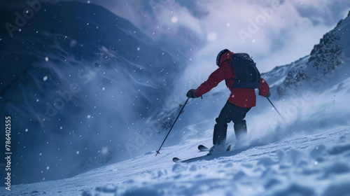 A man skiing on snowy scene, side view, moody colors, real HD. AI generative enhancement brings out snowy landscape's beauty.