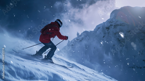 Experience the thrill of skiing with a side view of a man on snowy scene. Moody colors and real HD capture the moment. AI generative magic enhances.