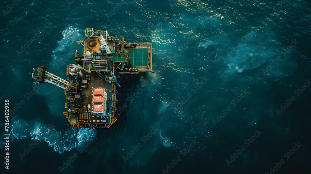 Aerial view offshore drilling rig jack up rig for oil at the offshore location during sunset