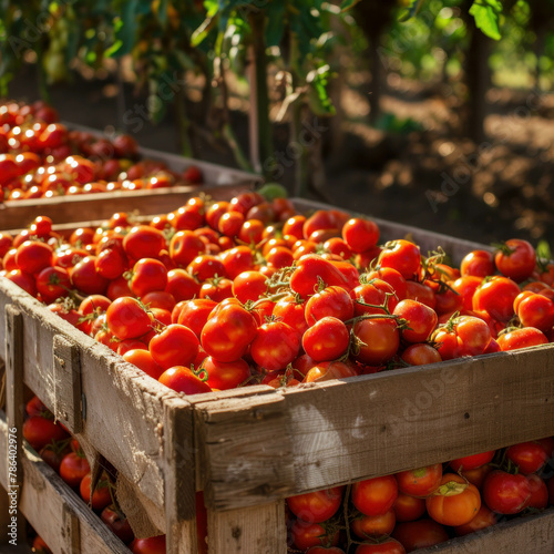 Capture the vibrancy of a tomato farm with ripe tomatoes overflowing a wooden crate. Natural sunlight accentuates their rich colors. AI generative enhancement brings out the harvest s freshness.