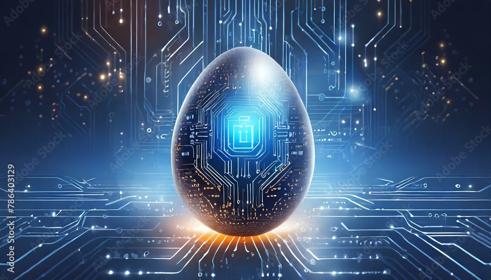 Fototapeta premium Digital Innovation: Glowing Abstract 3D Egg with Circuit Board Texture in Futuristic Greeting Card