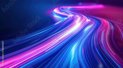 Experience the energy of abstract design with vibrant blue, pink, and purple lines illuminating the scene. AI generative artwork with dynamic flow.