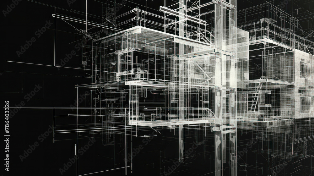 Immerse yourself in the intricate details of construction blueprints and drawings arranged in a collage on a black background, AI generative. Creative display of architectural plans.