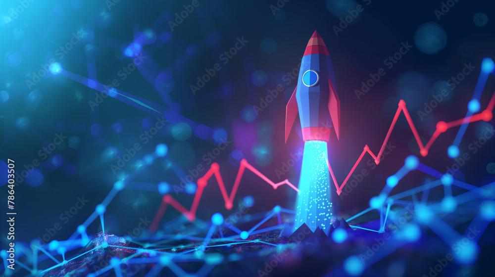 A glowing blue rocket on a black background with a simulated location. Start and launch your idea of rapid business success. - obrazy, fototapety, plakaty 