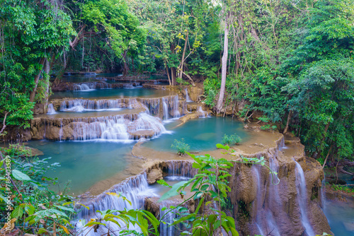 wonder Waterfall in deep rain forest jungle (Huay Mae Kamin Waterfall National Park in Kanchanaburi Province, Thailand) photo