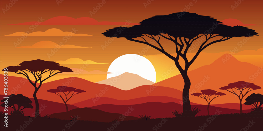 Vibrant african savannah sunset silhouette landscape illustration with mountains. Trees. And tranquil orange dusk evening scenery. Showcasing the beauty of nature and the peaceful