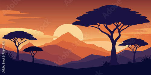 Beautiful african savannah sunset illustration with serene background and vibrant warm colors. Depicting the tranquil nature of the african landscape. Including the silhouette of mountains, trees