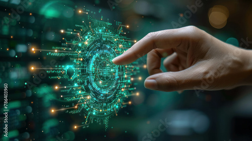 A human hand delicately holds a metallic gear adorned with blue and green circuits, symbolizing AI innovation. This modern image merges technology and responsibility, AI generative.