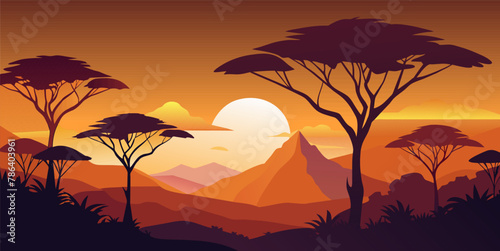 Vibrant african savannah sunset silhouette with acacia trees and tranquil nature landscape in warm orange twilight dusk  perfect for travel and tourism backgrounds