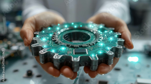 A human hand delicately holds a metallic gear adorned with blue and green circuits, symbolizing AI innovation. This modern image merges technology and responsibility, AI generative.