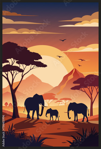 Tranquil illustration of elephants walking in the savannah against a vibrant sunset. African poster © Pavel