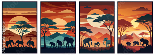 African savannah sunset silhouette for african poster with elephants and wildlife in nature vector illustration background set showcasing the warm colors of the scenery