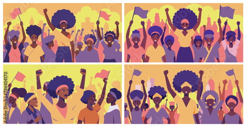 Illustration of an african woman set with pride, raised fist high, celebrating black history month and juneteenth. Stylized vector female banner symbolizing diversity and heritage