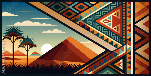 Stylized illustration of an african sunset featuring pyramids, palms and a vibrant tribal pattern