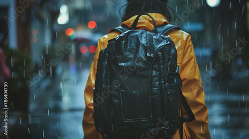 A school bag slung over a student's shoulder, braving the rain with its waterproof material.