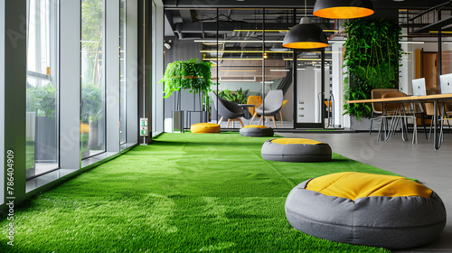 Modern office with artificial grass cushions and chair © Natia