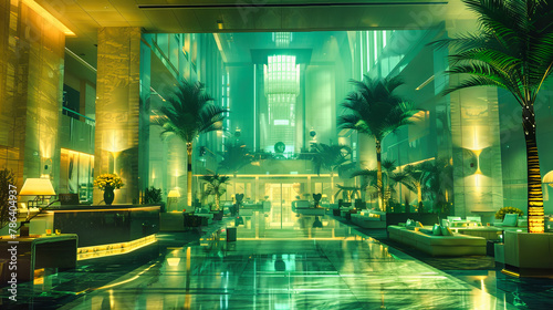 Urban Night Scene with Illuminated Buildings, Showcasing Modern Architecture and Vibrant City Life