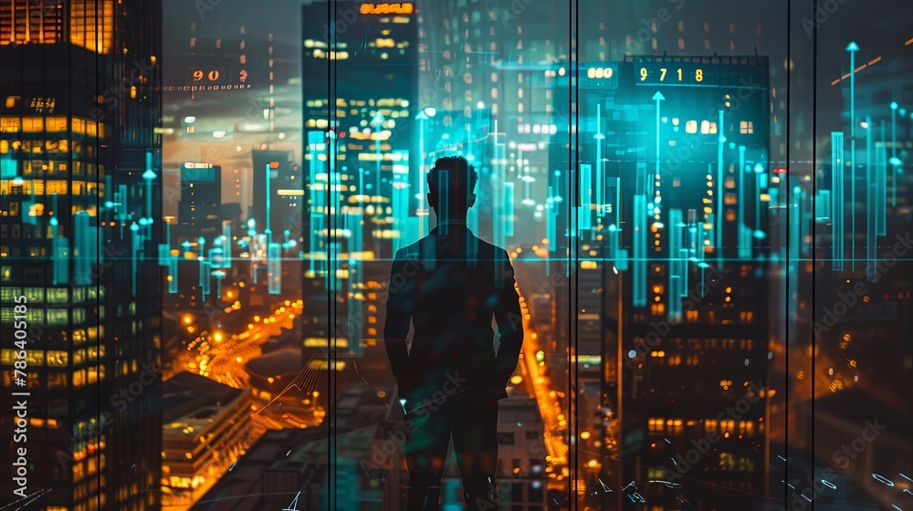 Young man wearing suit standing in office at night alone in front of window with data chart graph light displayed on background of city skyscareprs Young man wearing suit standing in office at night alone in front of window with data chart graph light displayed on background of city skyscareprs