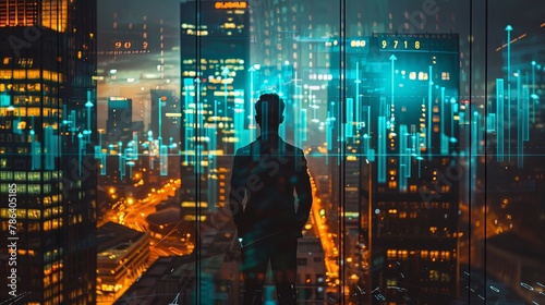Young man wearing suit standing in office at night alone in front of window with data chart graph light displayed on background of city skyscareprs