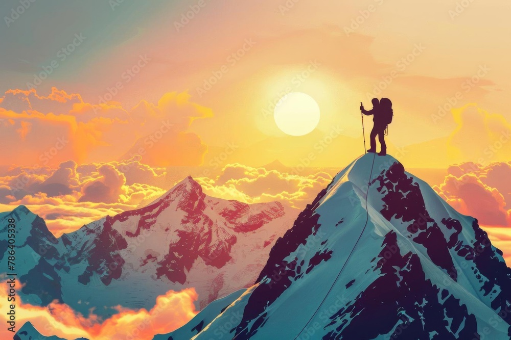 triumphant climber conquering majestic mountain peak at sunrise inspiring digital illustration