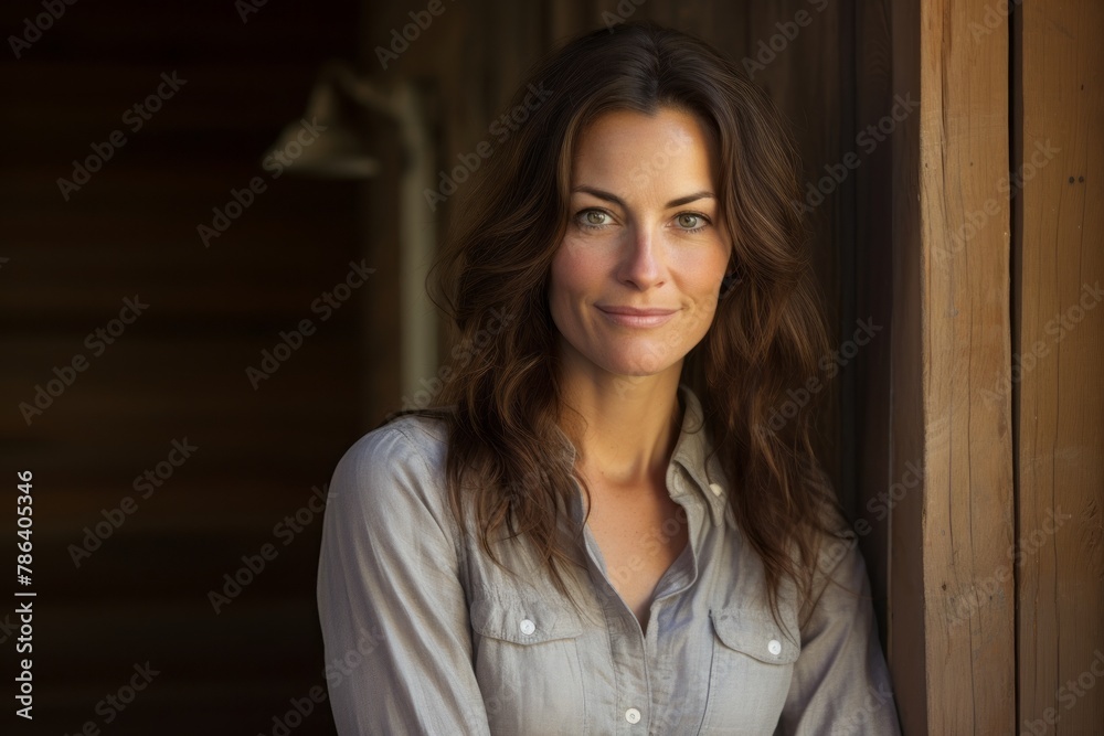 Portrait of a content woman in her 40s sporting a long-sleeved thermal undershirt while standing against rustic wooden wall Portrait of a content woman in her 40s sporting a long-sleeved thermal undershirt while standing against rustic wooden wall