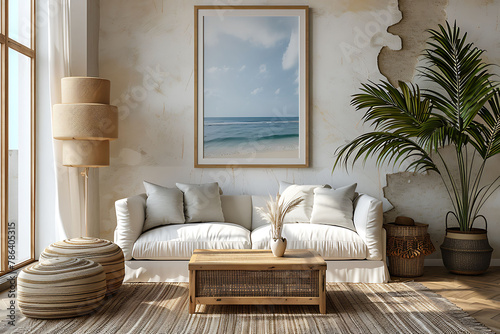 Mockup poster frame 3d render in a coastal-themed living room with breezy decor and nautical elements  hyperrealistic