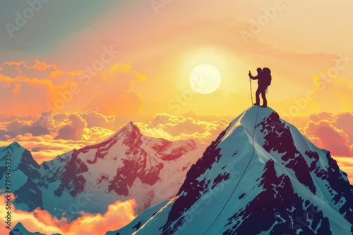 triumphant climber conquering majestic mountain peak at sunrise inspiring digital illustration