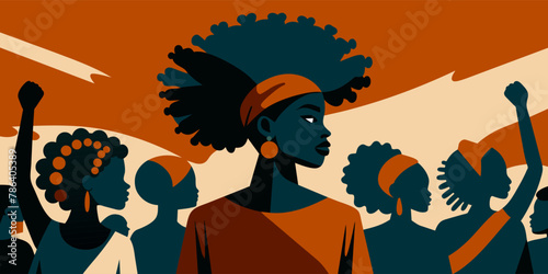 Illustration of an african woman in profile with a raised fist, symbolizing pride and strength