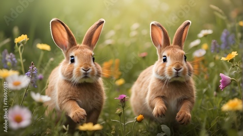 Two adorable rabbits playfully hopping through a field of wildflowers