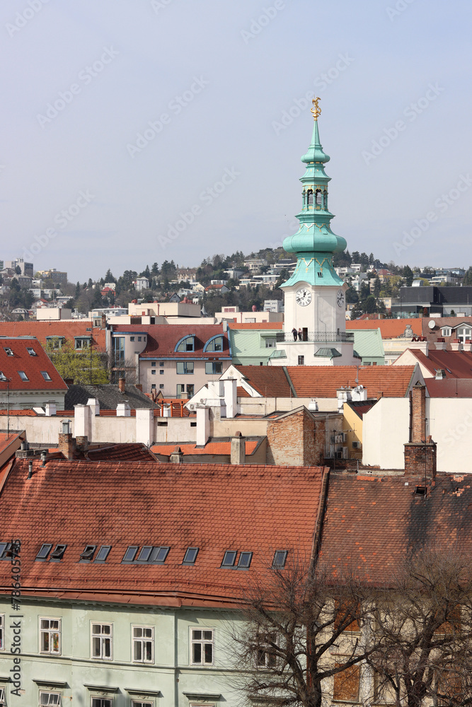 Obraz premium View of the Old Town from the Castle Hill, Bratislava, Slovakia. Street view, old red roofed houses. Spring in Europe. 