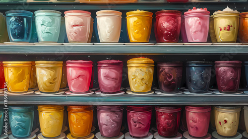 Colorful paint cans on shelves in a shop window photo
