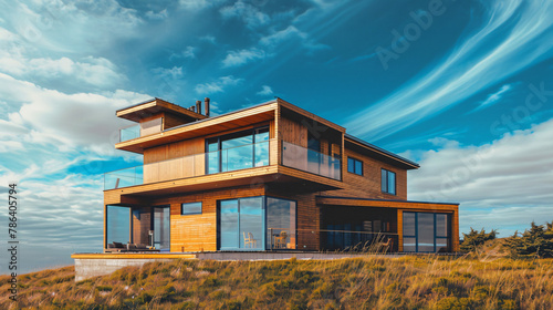 Modern wooden house against blue sky © Natia